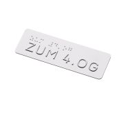 Taktiles Handlaufschild "zum 4. OG" (Obergeschoss), Braille- und Profilschrift, DIN 32986, Aluminium, 120 x 40 x 2 mm, verschiedene Ausführungen, Versalhöhe 13 mm