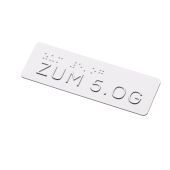 Taktiles Handlaufschild "zum 5. OG" (Obergeschoss), Braille- und Profilschrift, DIN 32986, Aluminium, 120 x 40 x 2 mm, verschiedene Ausführungen, Versalhöhe 13 mm