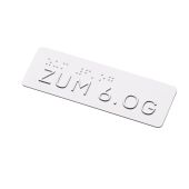 Taktiles Handlaufschild "zum 6. OG" (Obergeschoss), Braille- und Profilschrift, DIN 32986, Aluminium, 120 x 40 x 2 mm, verschiedene Ausführungen, Versalhöhe 13 mm