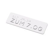 Taktiles Handlaufschild "zum 7. OG" (Obergeschoss), Braille- und Profilschrift, DIN 32986, Aluminium, 120 x 40 x 2 mm, verschiedene Ausführungen, Versalhöhe 13 mm