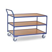 Fetra leichter Tischwagen im Baukastensystem, 3 Plattformen aus Holzwerkstoffplatten, Schiebegriff hochstehend