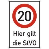 Verkehrsschild, Vorschriftszeichen "20 km/h Hier gilt die StVO"