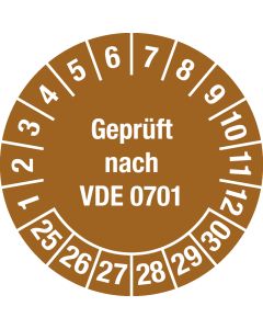 Mehrjahrespr&uuml;fplakette "Gepr&uuml;ft nach VDE 0701", Monate 1-12, verschiedene Jahre, &Oslash; 30 mm, Dokumentenfolie, 15 St&uuml;ck je Bogen