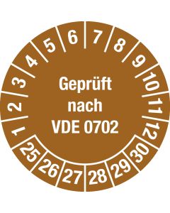 Mehrjahrespr&uuml;fplakette "Gepr&uuml;ft nach VDE 0702", Monate 1-12, verschiedene Jahre, &Oslash; 30 mm, Dokumentenfolie, 15 St&uuml;ck je Bogen