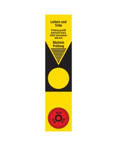 Grundplakette "Leitern und Tritte - Pr&uuml;fung gem&auml;&szlig; BetrSichV &sect;3 (3) DGUV Information 208-016 - inkl. Pr&uuml;fplakette",  verschiedene Jahre, gelb